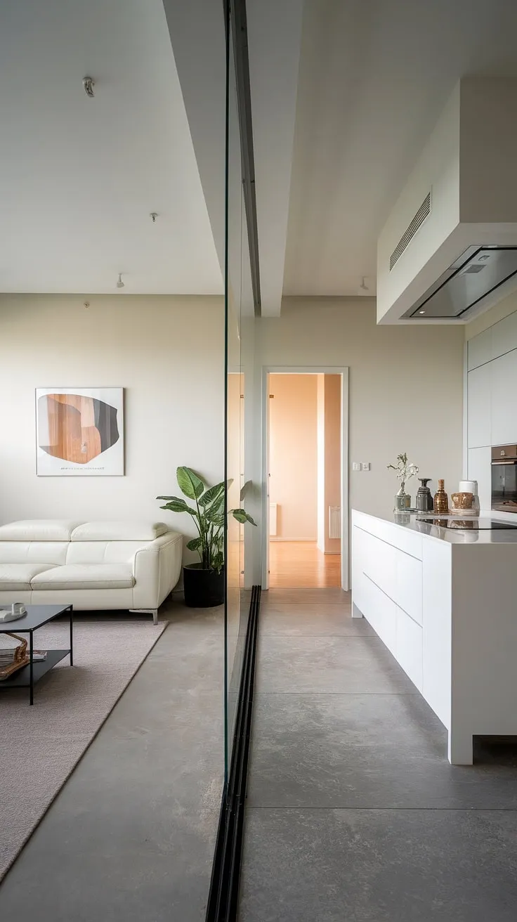 Modern minimalist penthouse design features a bright white living space flowing into a sleek black-countered kitchen