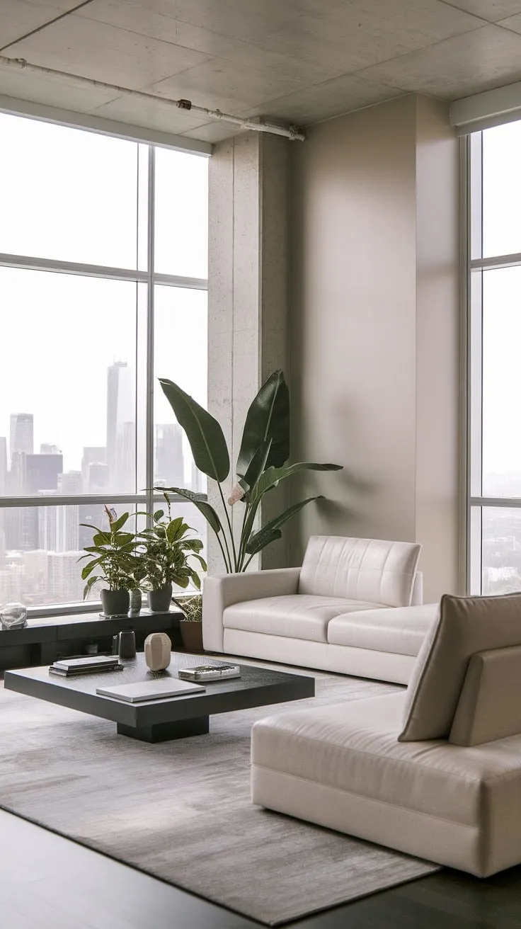 A luxurious penthouse boasts a minimalist interior and breathtaking city views from its large window.