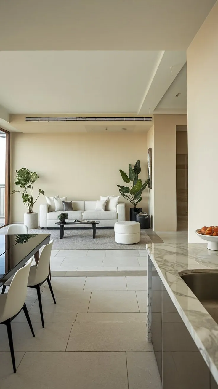 A modern penthouse boasts a calming, minimalist design with high-end finishes and a spacious layout.