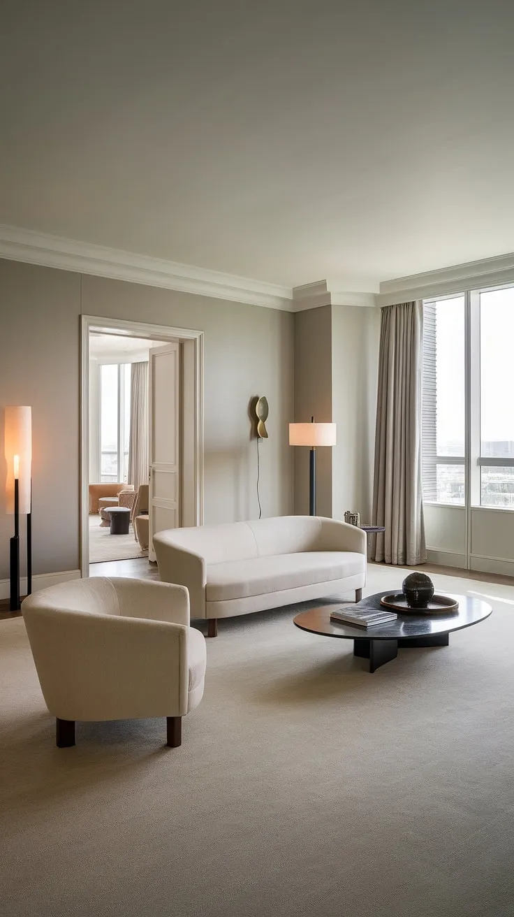 Elegant minimalist design defines this luxurious penthouse living room, showcasing city views and a calming neutral palette.