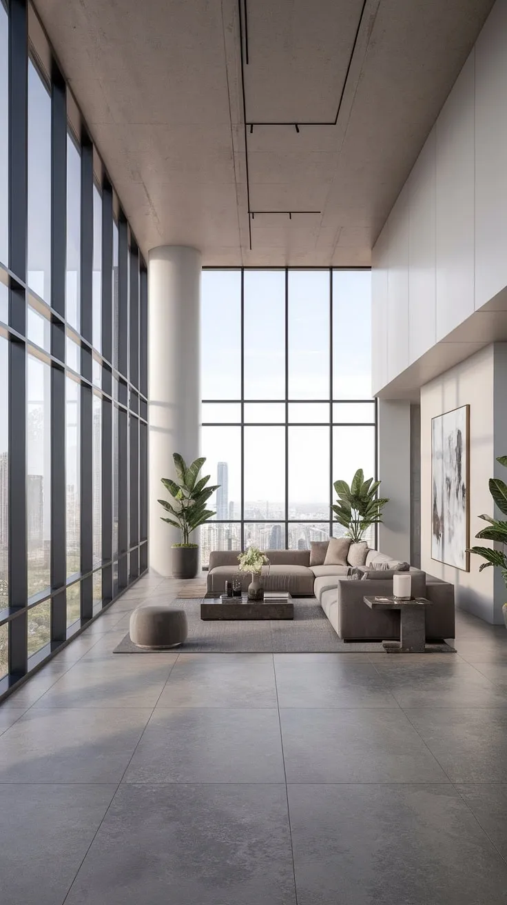 Floor-to-ceiling windows showcasing a stunning city skyline highlight this minimalist penthouse's luxurious interior.