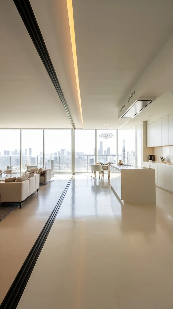 A bright, open-plan penthouse offers a minimalist aesthetic with stunning cityscape panoramas.