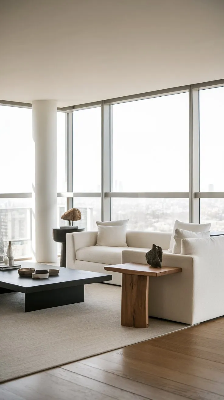 Modern minimalist penthouse boasts city views from its expansive window.
