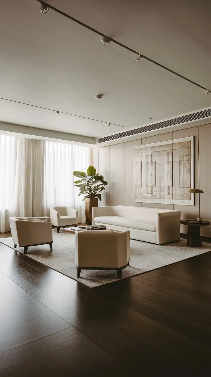 Luxury redefined a minimalist penthouse boasts a sophisticated interior with stunning artwork and dark wood floors.