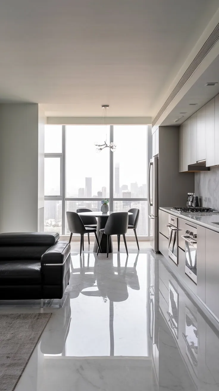 Elegant minimalist penthouse design features a city-view living room, marble floors, and a sleek modern kitchen