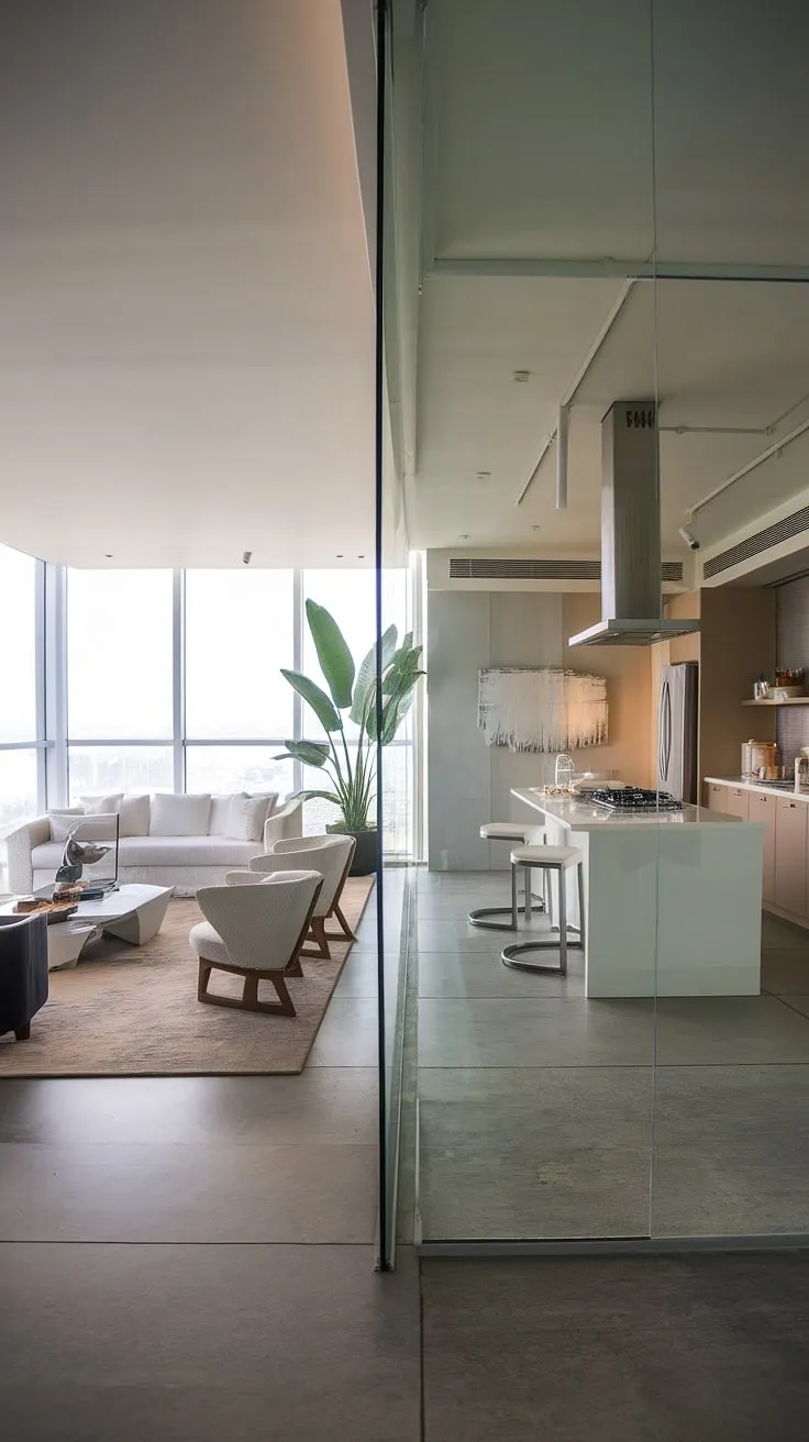 Sunlight floods a minimalist penthouse's open-plan living and kitchen area, showcasing modern luxury.