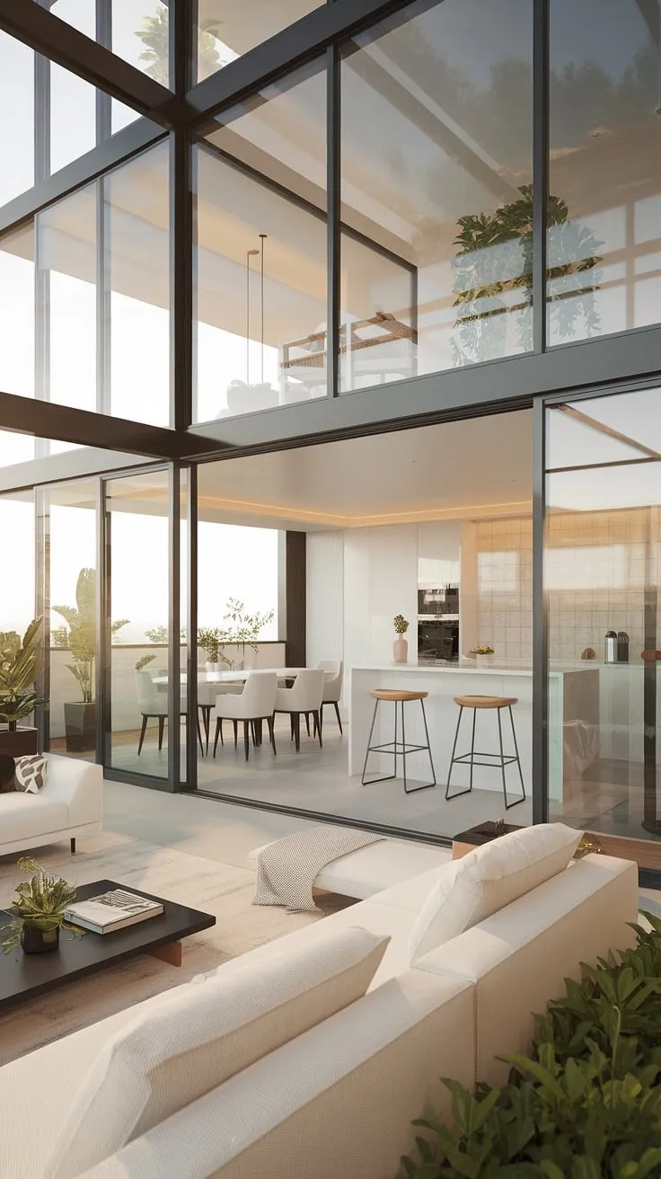 Glass walls and minimalist design flood this luxury penthouse with natural light, showcasing a sophisticated living space with stunning outdoor access.