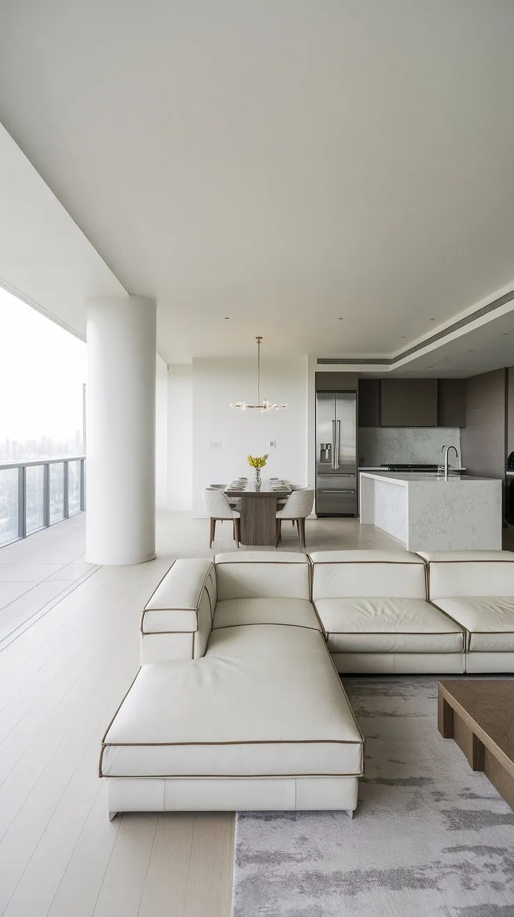 Luxury redefined a minimalist penthouse boasts breathtaking city views from its expansive living space.