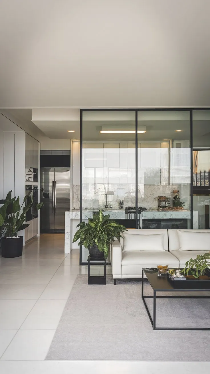 Sleek white tiles and minimalist furnishings define this modern penthouse's luxurious open-plan living space.