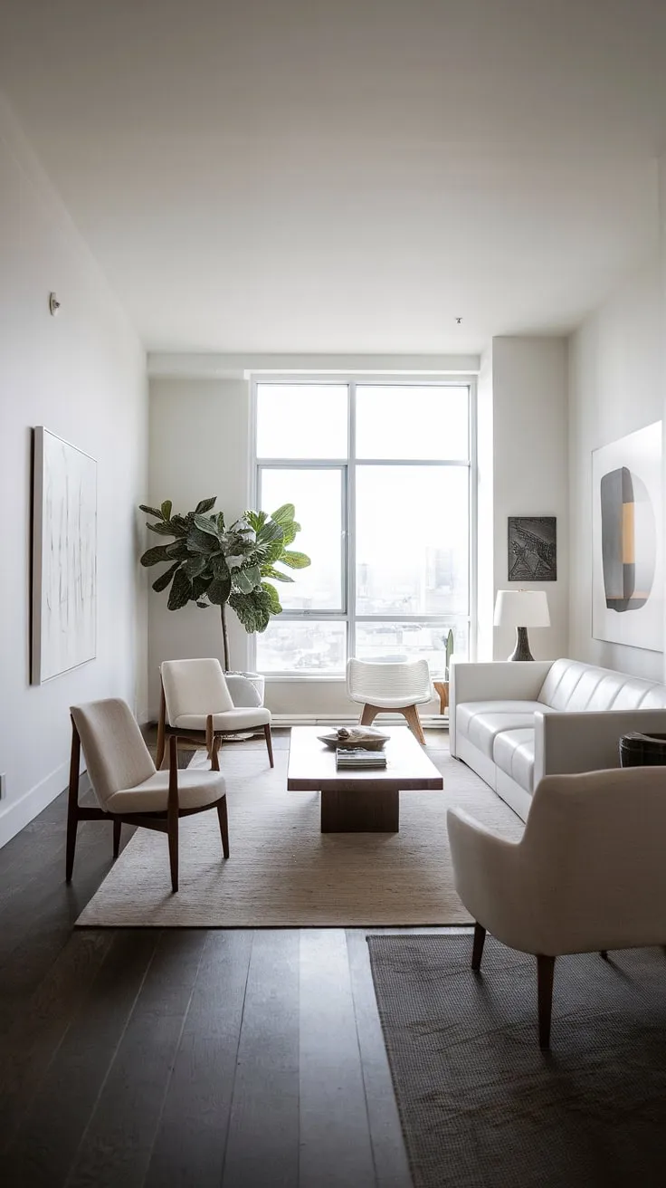 Modern white and wood penthouse interior offers a sophisticated urban escape