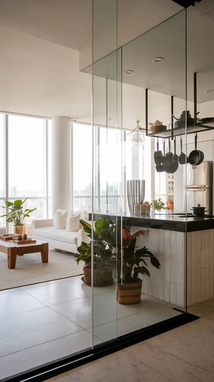 A luxurious penthouse boasts a minimalist interior with city views, showcasing a sophisticated blend of white and black elements.