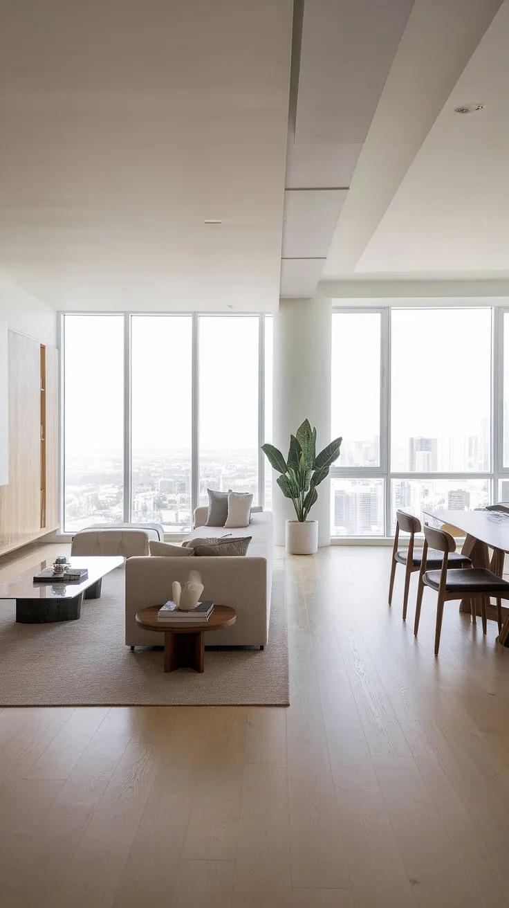 Modern minimalist penthouse design features clean lines, light wood floors, and stunning city views from floor-to-ceiling windows.