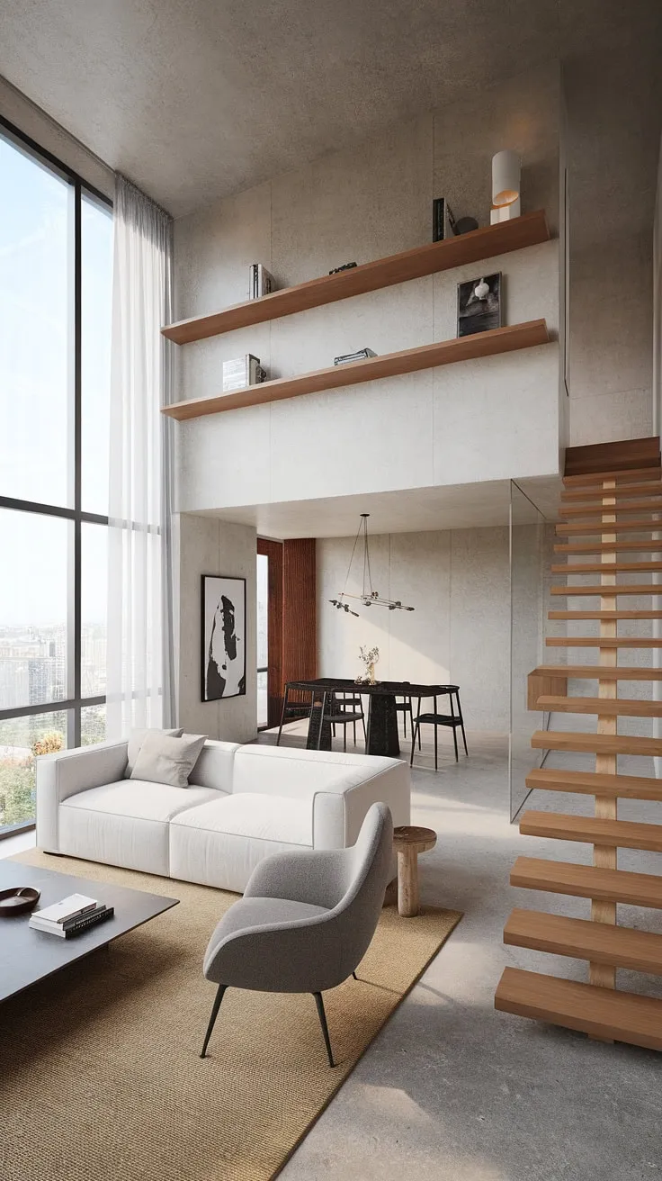 Modern minimalist penthouse design features concrete walls, a spacious living area, and a wooden staircase leading to a loft
