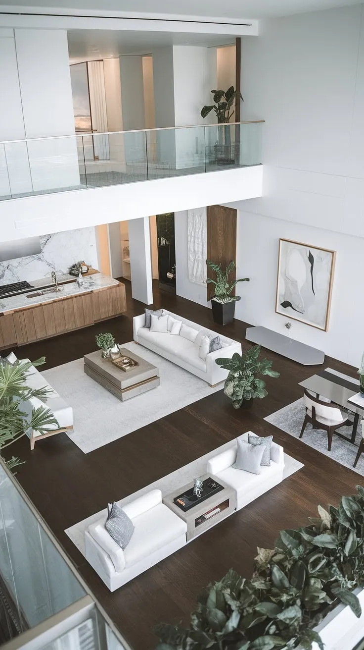 A luxurious penthouse boasts a minimalist aesthetic with a bright and airy feel, showcasing sleek modern design elements.