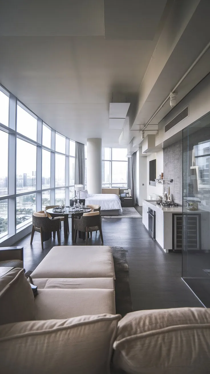 A minimalist white and grey penthouse boasts city views and open-plan living, encompassing a kitchen, bedroom, and luxurious bathroom.