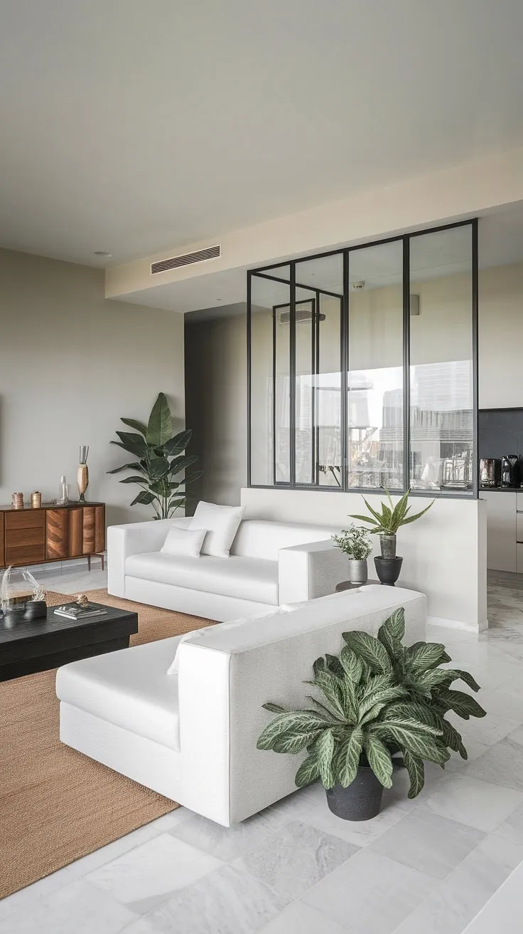 Elegant minimalist penthouse design features a bright living space and sleek modern kitchen, showcasing luxurious simplicity
