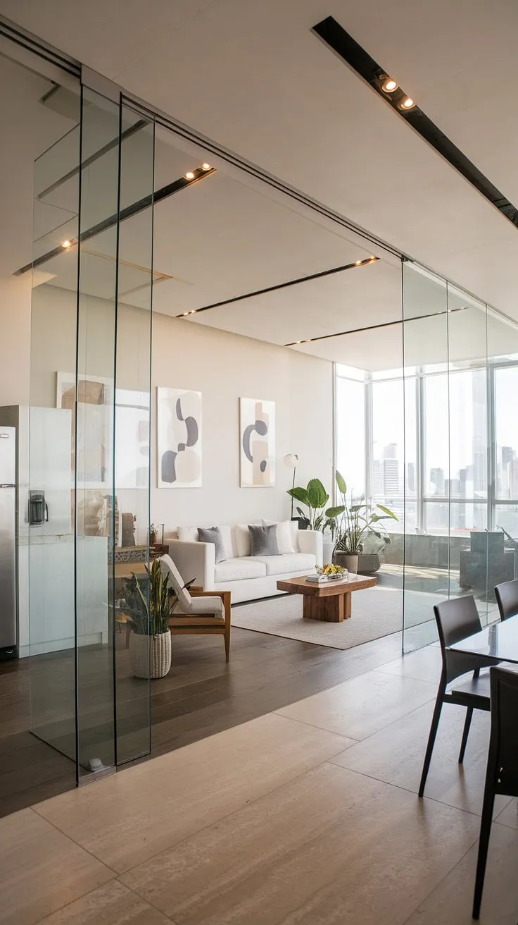 Modern minimalist penthouse boasts city skyline views from its open-plan living space.