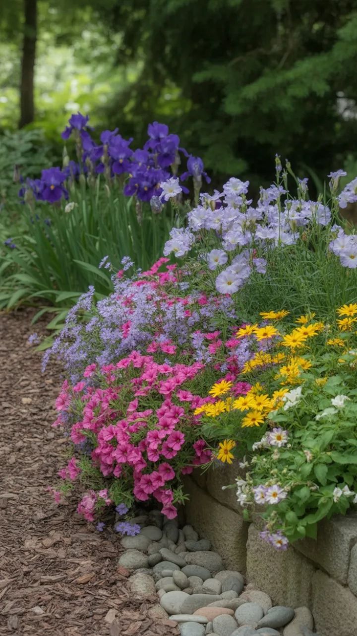 Sunlit Cascade of Lavender, Pink Petunias and Golden Daisies