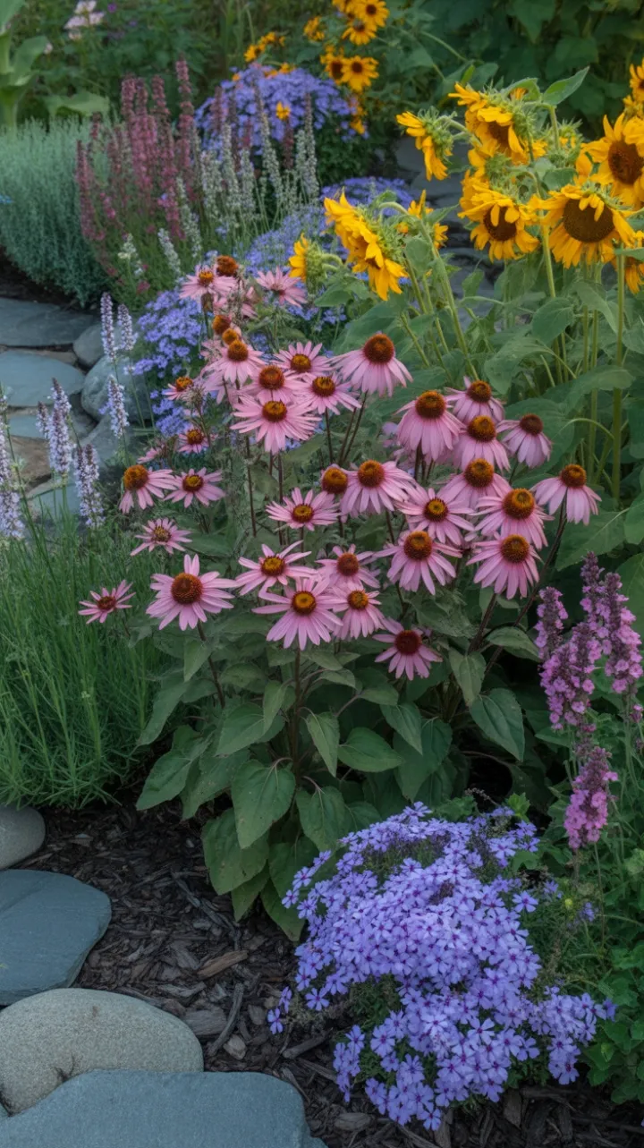 Sunlit Symphony of Purple Coneflowers and Golden Sunflowers