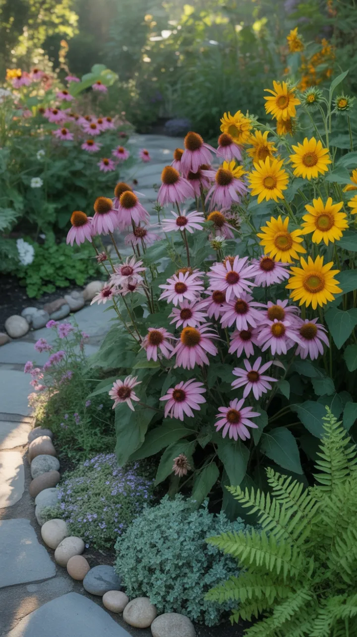 Sunlit Path Through a Tapestry of Coneflowers and Sunflowers