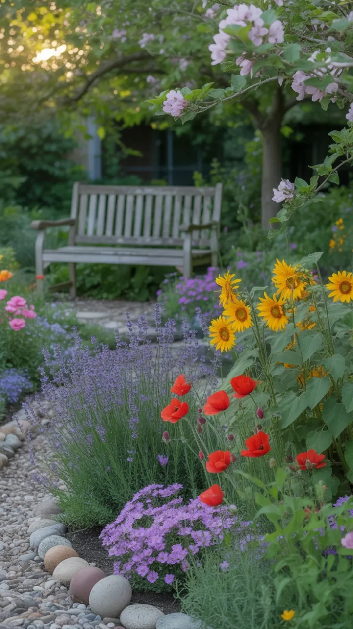 Sunlit Tapestry of Lavender Sunflowers and Poppy Bliss