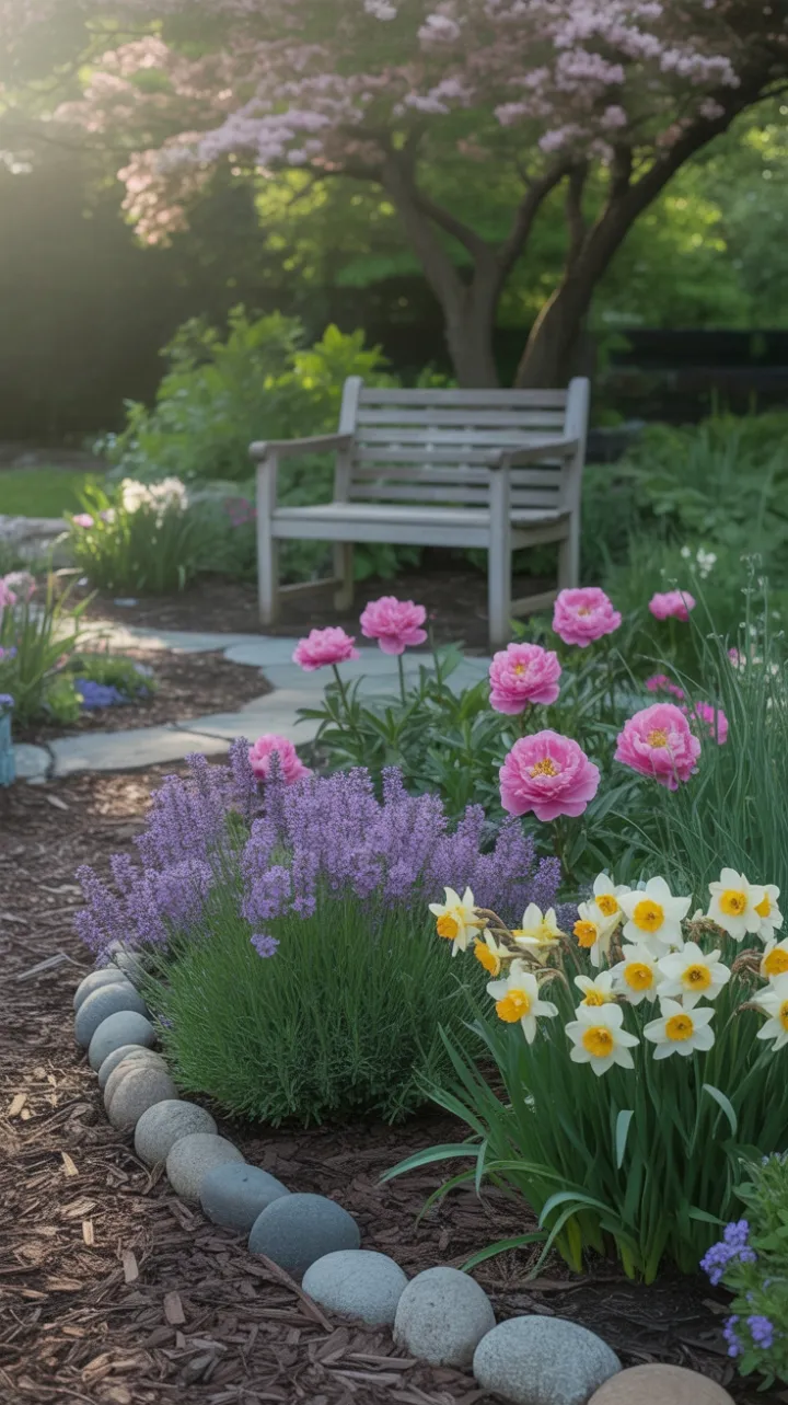 Sunlit Perennial Garden of Lavender, Peonies and Daffodils
