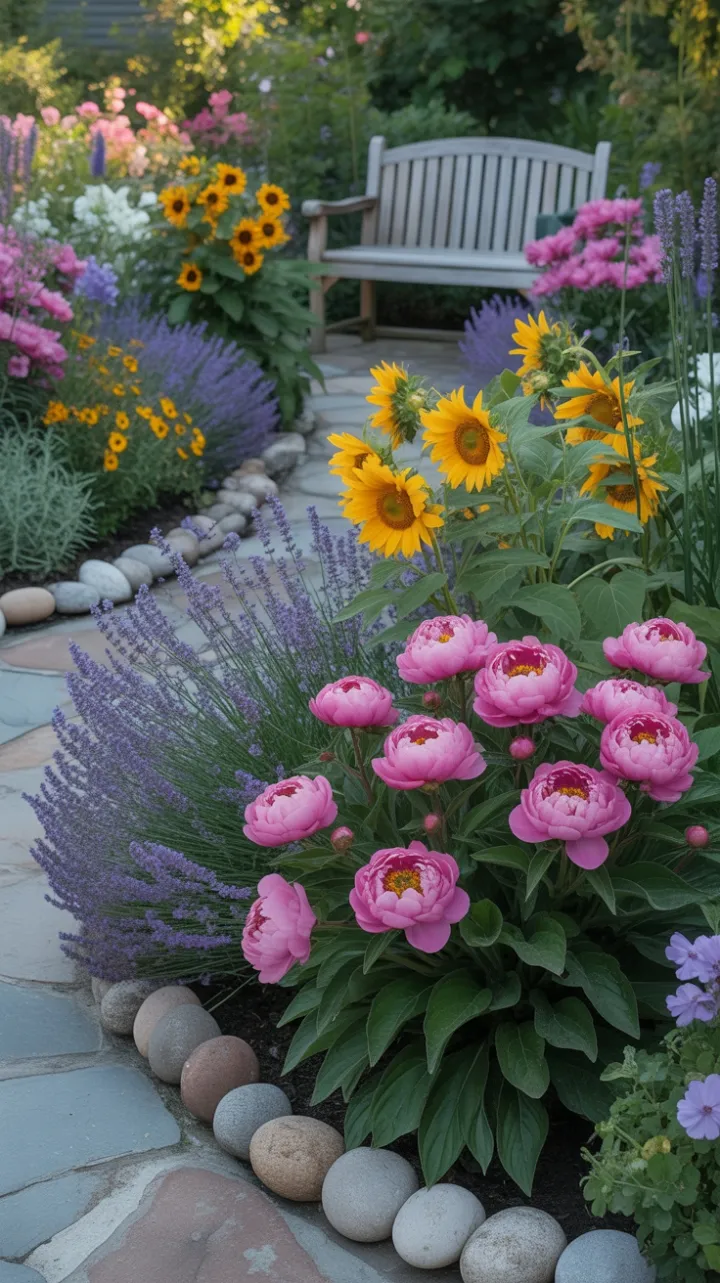 Golden Hour Stroll Through Lavender Sunflower and Peony Bliss