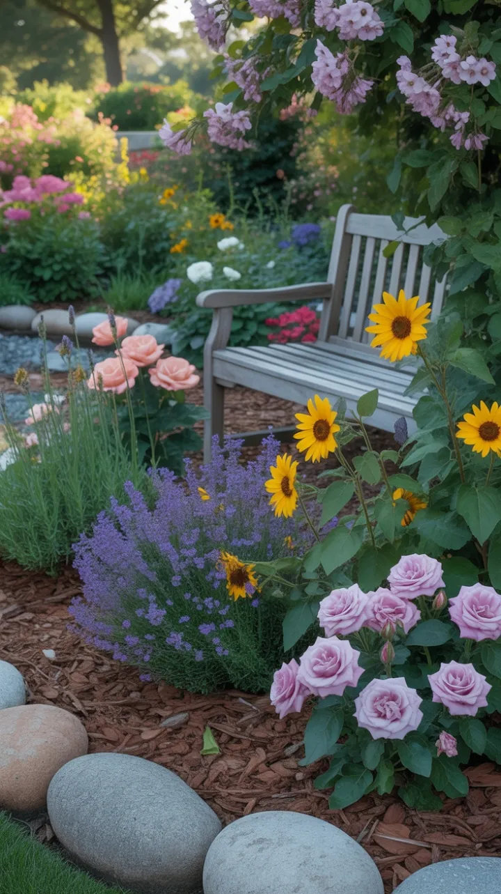 Sunlit Perennial Paradise of Lavender, Sunflower and Rose