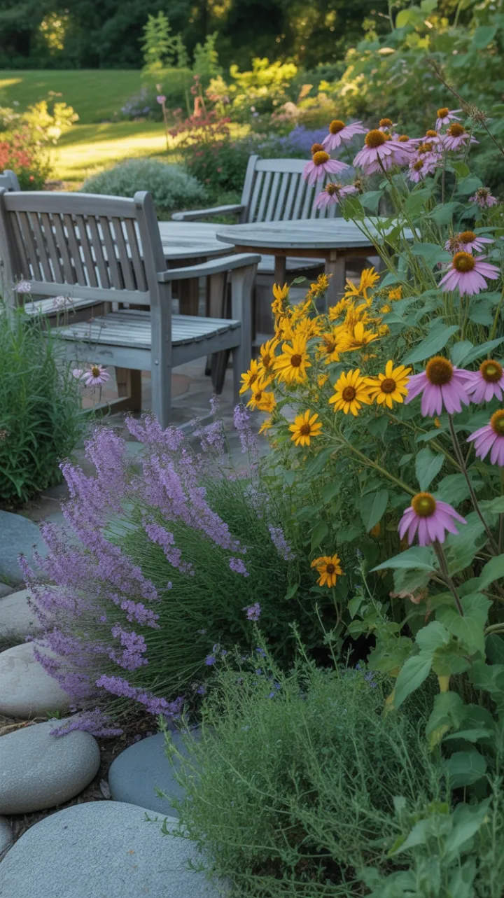 Sunlit Perennial Paradise of Lavender, Sunflowers, and Stone Paths