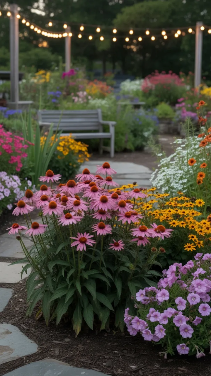 Sunlit Perennial Garden with Purple Coneflowers and an Inviting Bench