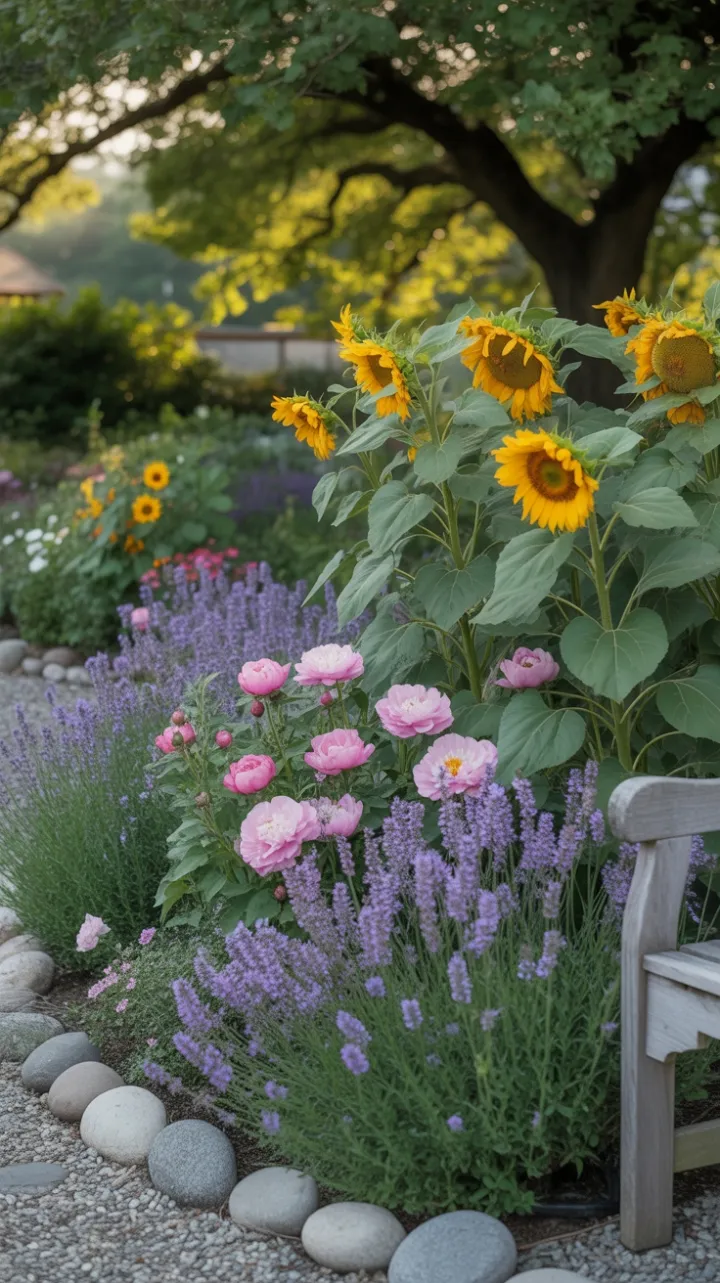 Sunlit Garden Symphony of Lavender Peonies and Sunflowers