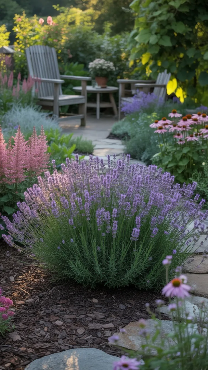 Golden-Hour Lavender Walk Through a Tranquil Perennial Garden
