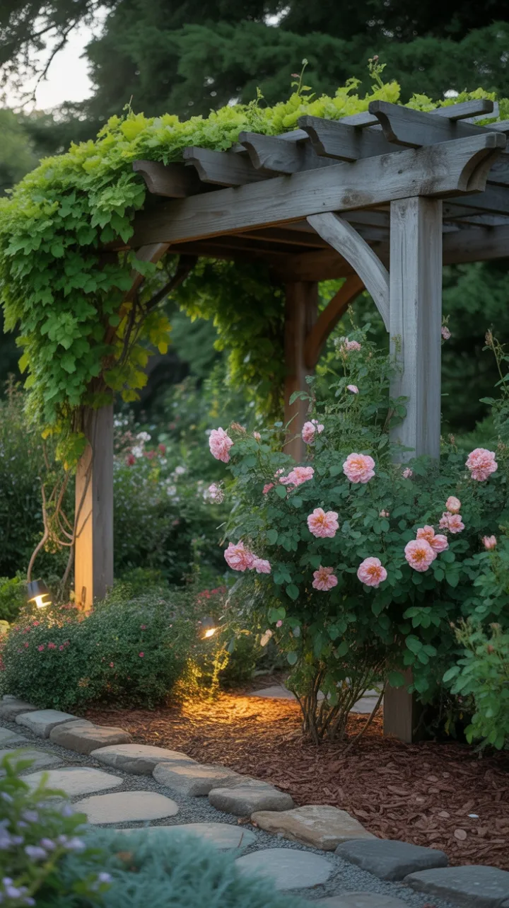 Sunlit Pergola Oasis Draped in Climbing Roses