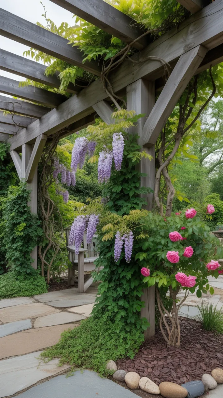 Dappled Light Under a Wisteria-Draped Rustic Pergola