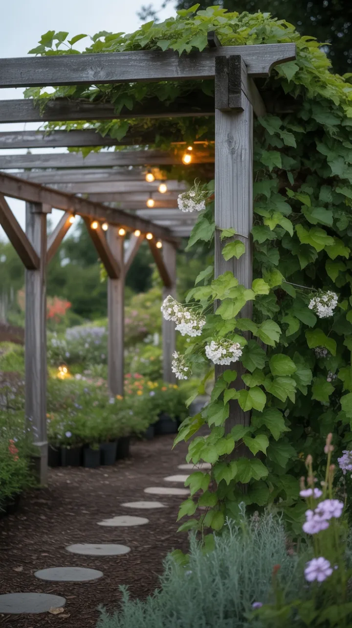 Rustic Pergola Draped in Ivy and Light