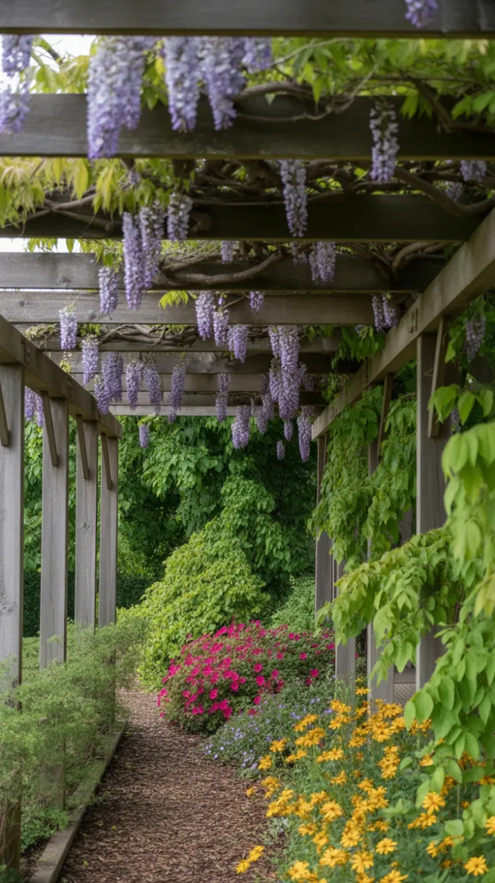 Sunlit Wisteria Canopy Over a Blooming Garden Path