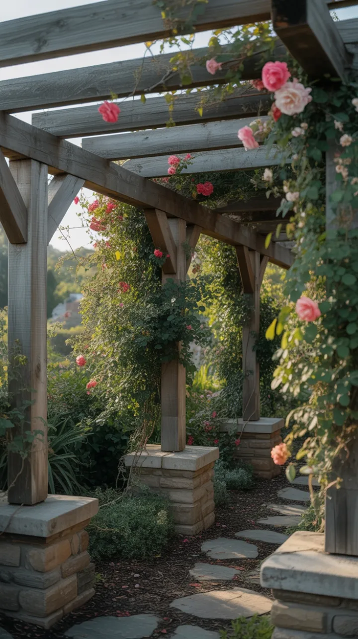 Sunlit Rustic Pergola Wrapped in Climbing Roses and Ivy