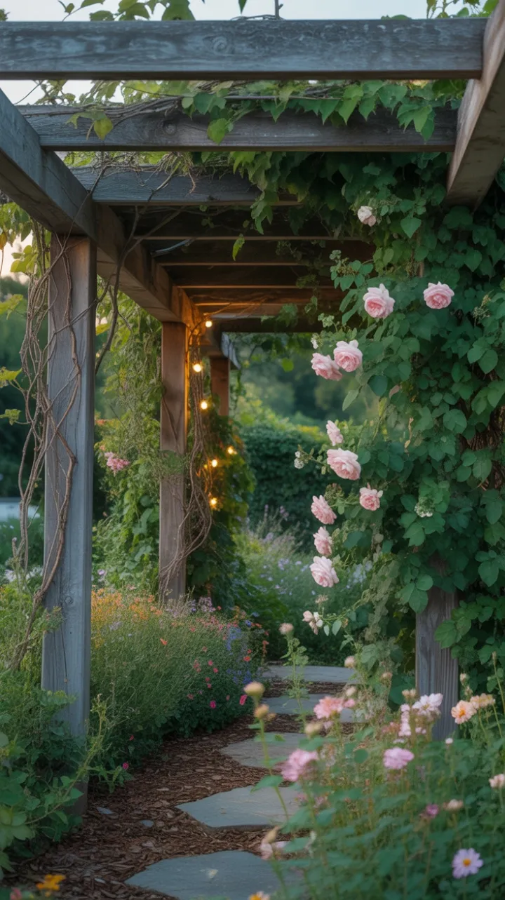 Sunlit Pergola Draped in Roses and Ivy