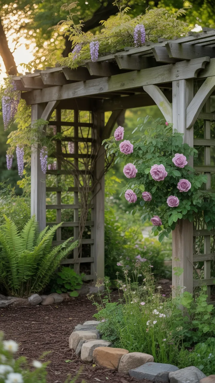 Sunlit Pergola Draped in Roses and Wisteria