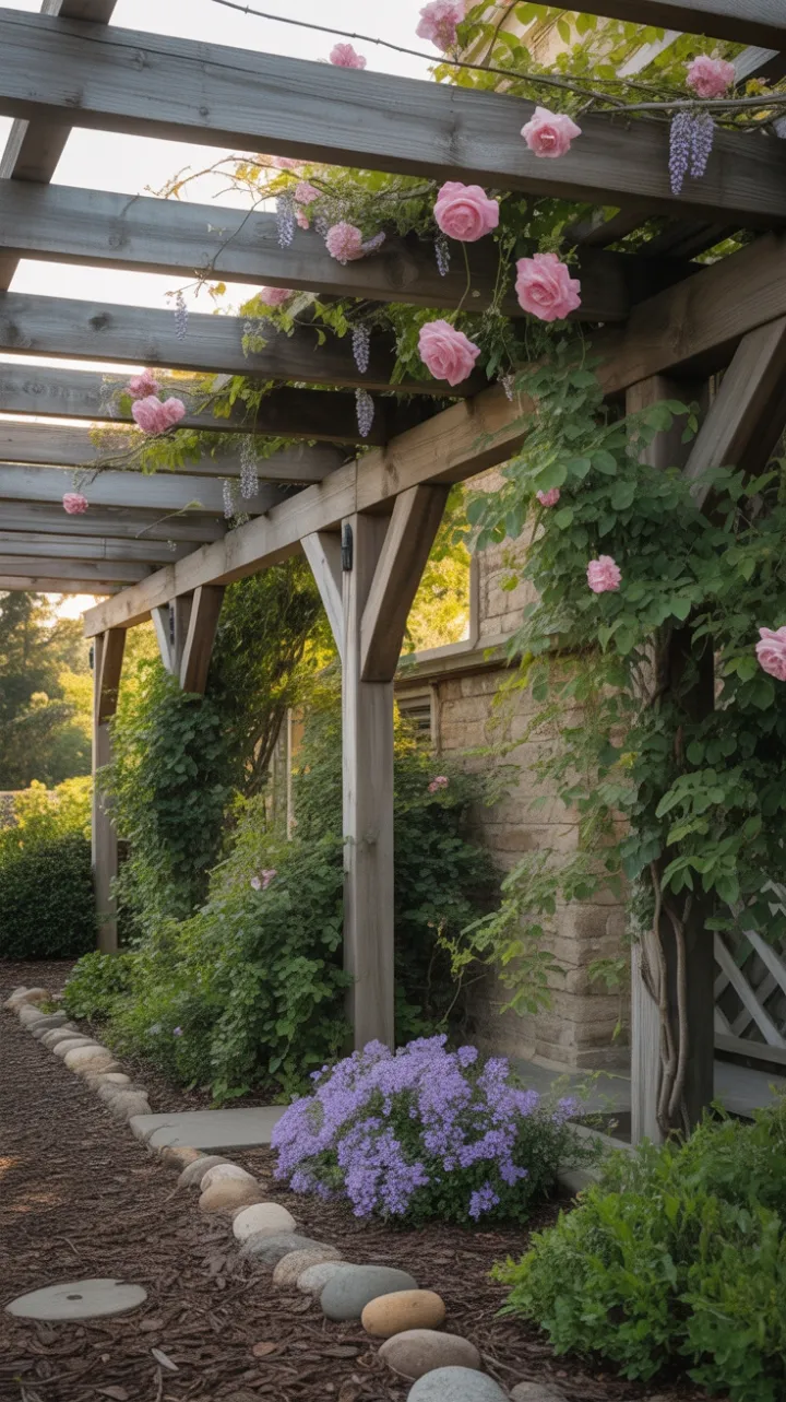 Sunlit Pergola Draped in Roses and Wisteria