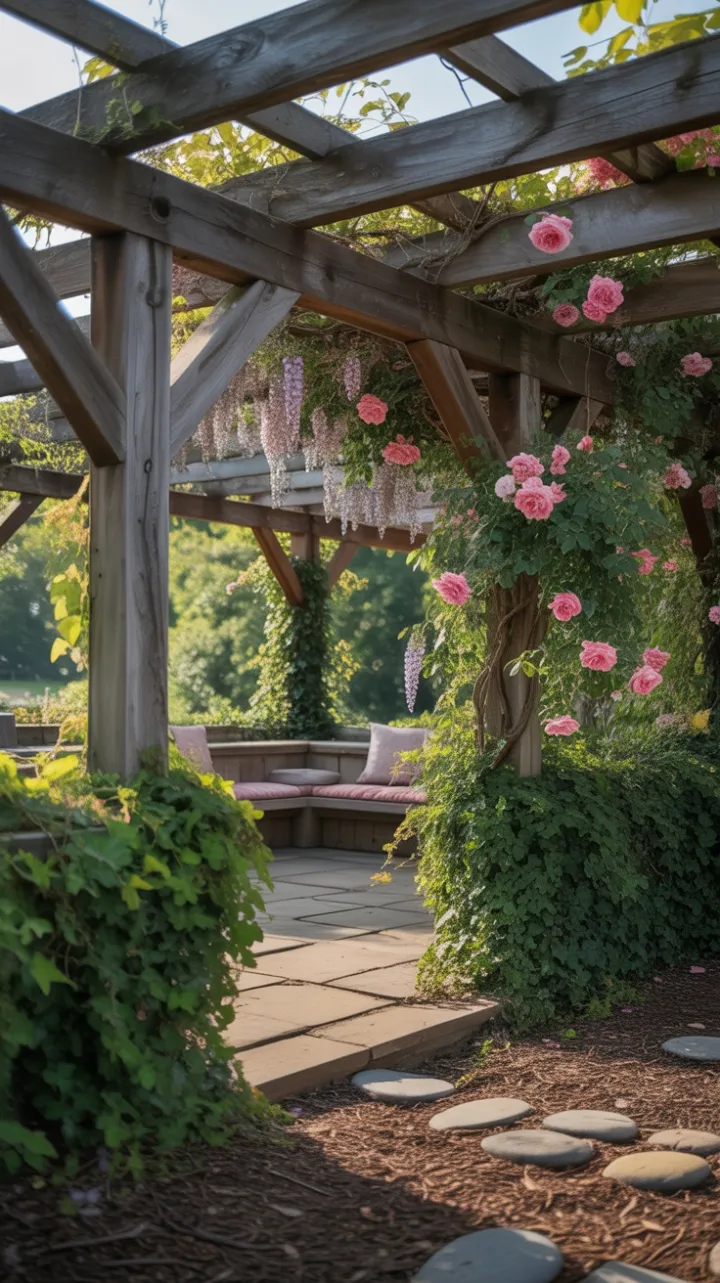 Dappled Light Beneath a Rustic Rose and Wisteria Pergola