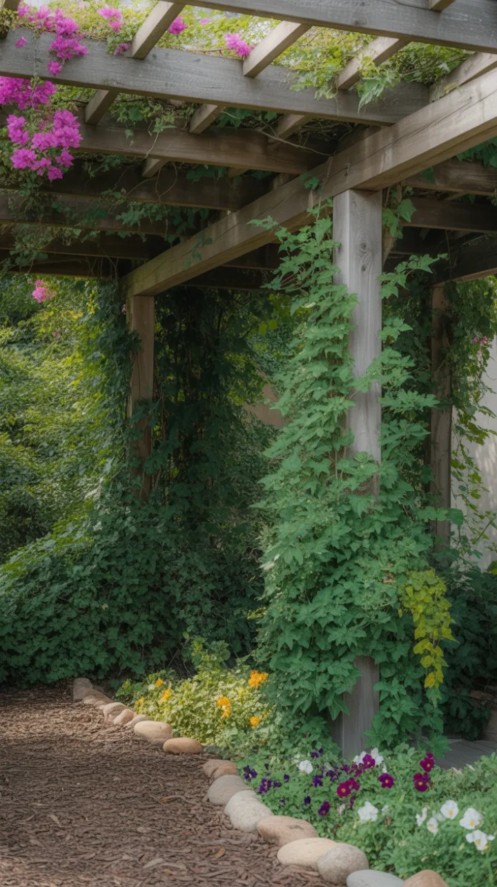Sunlit Pergola Cloaked in Emerald Vines and Fuchsia Blooms