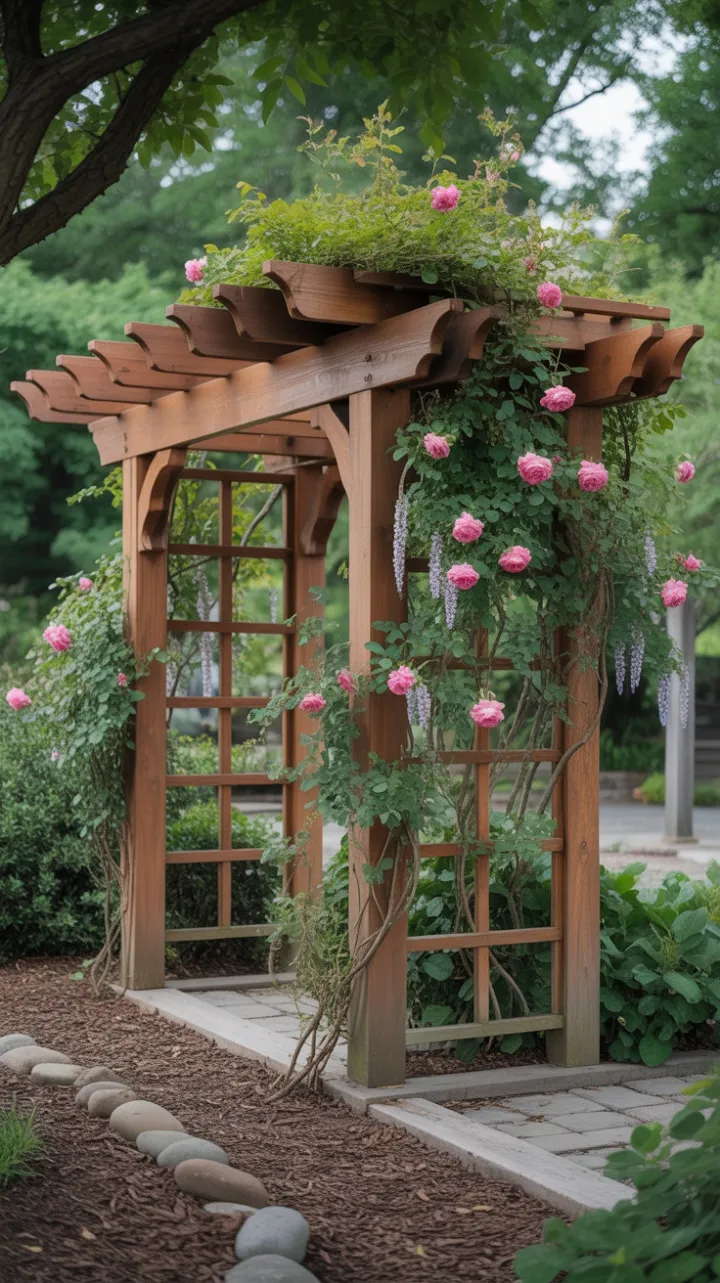 Sunlit Pergola Draped in Roses and Wisteria