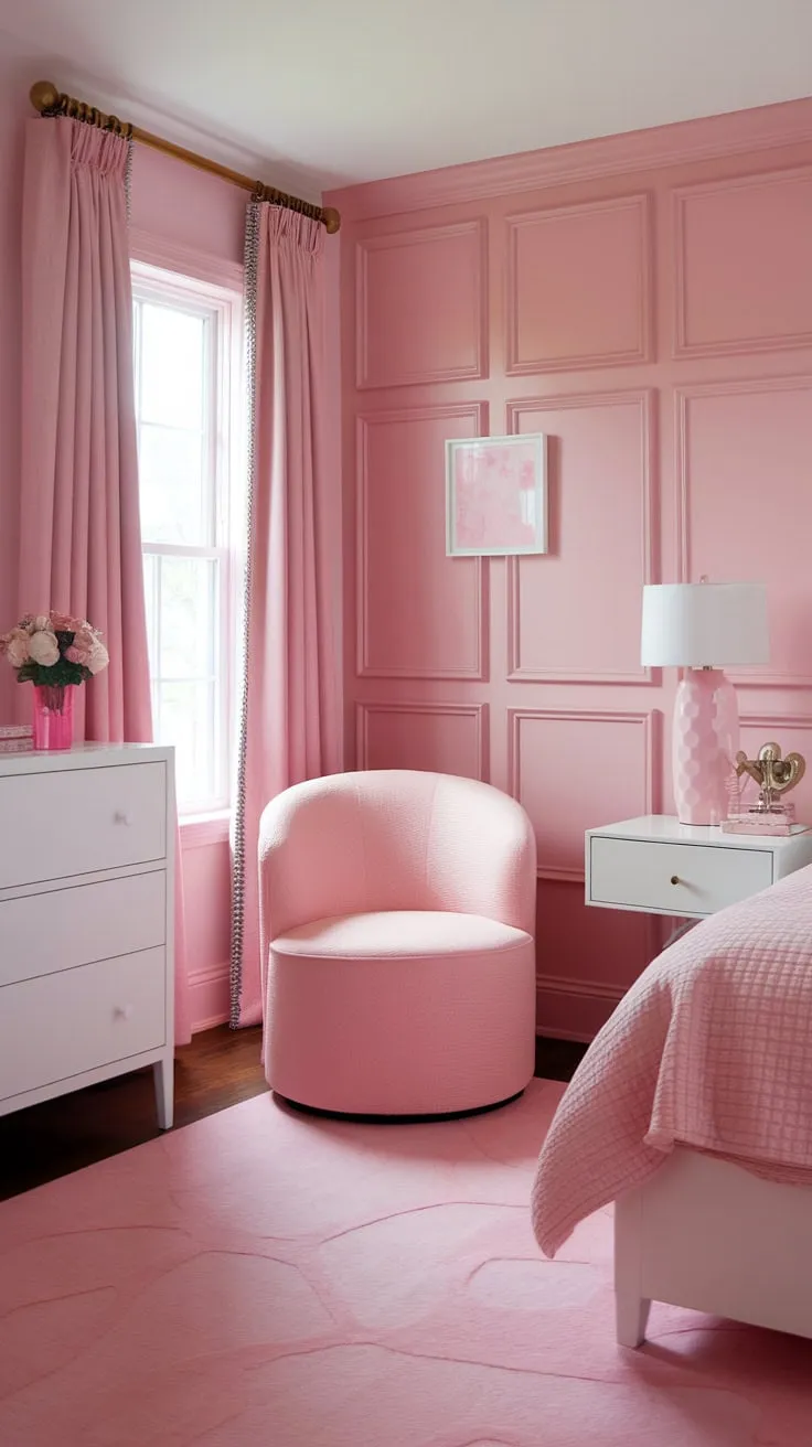 This isn't just a room; it's a vision in pink.  The pastel pink wall paint, complemented by the pink room painting ideas, creates a calming and luxurious atmosphere.  The pink wainscoting adds a touch of classic elegance, while the different shades of pink paint—from light pink wall paint to richer tones—offer visual interest.  The result? A perfectly curated light pink room decor that's the epitome of girly room painting ideas.