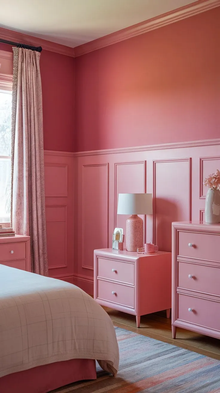 This room is a masterclass in pink room painting ideas.  The combination of pink wainscoting and light pink wall paint, creating a two-toned effect with a pastel pink wall color, is simply stunning.  The light pink room decor complements the In the Pink Sherwin Williams perfectly, making this a truly inspiring space for anyone seeking girly room painting ideas.