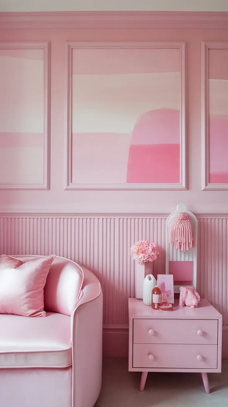 This girly room painting ideas masterpiece showcases the elegance of pink wainscoting and the soft allure of pastel pink wall paint.  The shades of pink paint create a harmonious blend, transforming the space into a haven of light pink room decor.  In the Pink Sherwin Williams provides the perfect backdrop for this dreamy escape, a testament to the power of pastel pink wall color.