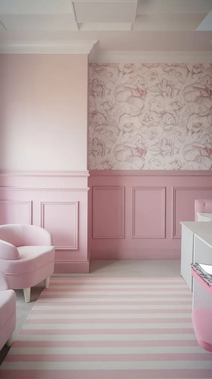 This light and airy room is a masterclass in pink room painting ideas.  The interplay of pastel pink wall paint and darker pink wainscoting creates visual depth, while the pink and white accents complete the charming light pink room decor.  The pastel pink wall color, reminiscent of In the Pink Sherwin Williams, is the perfect backdrop for this girly room, showcasing how different shades of pink paint can transform a space.