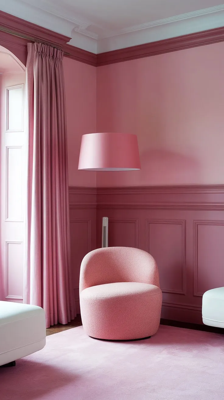 This pastel pink wall color, achieved with In the Pink Sherwin Williams, sets the stage for a truly enchanting space.  The pink wainscoting, a richer shade complementing the light pink wall paint, elevates these pink room painting ideas.  The result? A light pink room decor that's both playful and elegant, a perfect example of girly room painting ideas.