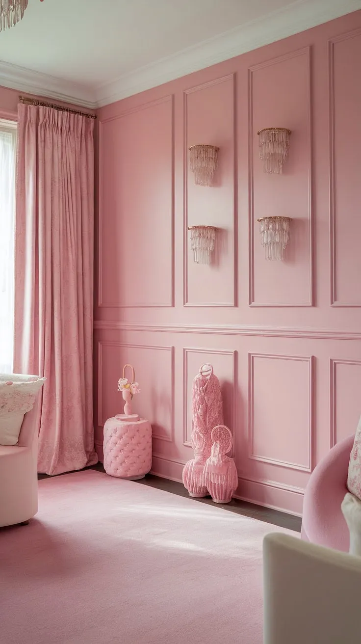 Lost in a world of pink perfection!  From the light pink wall paint and pastel pink wall color to the charming pink wainscoting, every detail in this girly room painting ideas masterpiece is flawlessly executed.  The light pink room decor, including the pink rug and curtains, completes the dreamy atmosphere.  This is what achieving the perfect "In the Pink" Sherwin Williams look truly means.