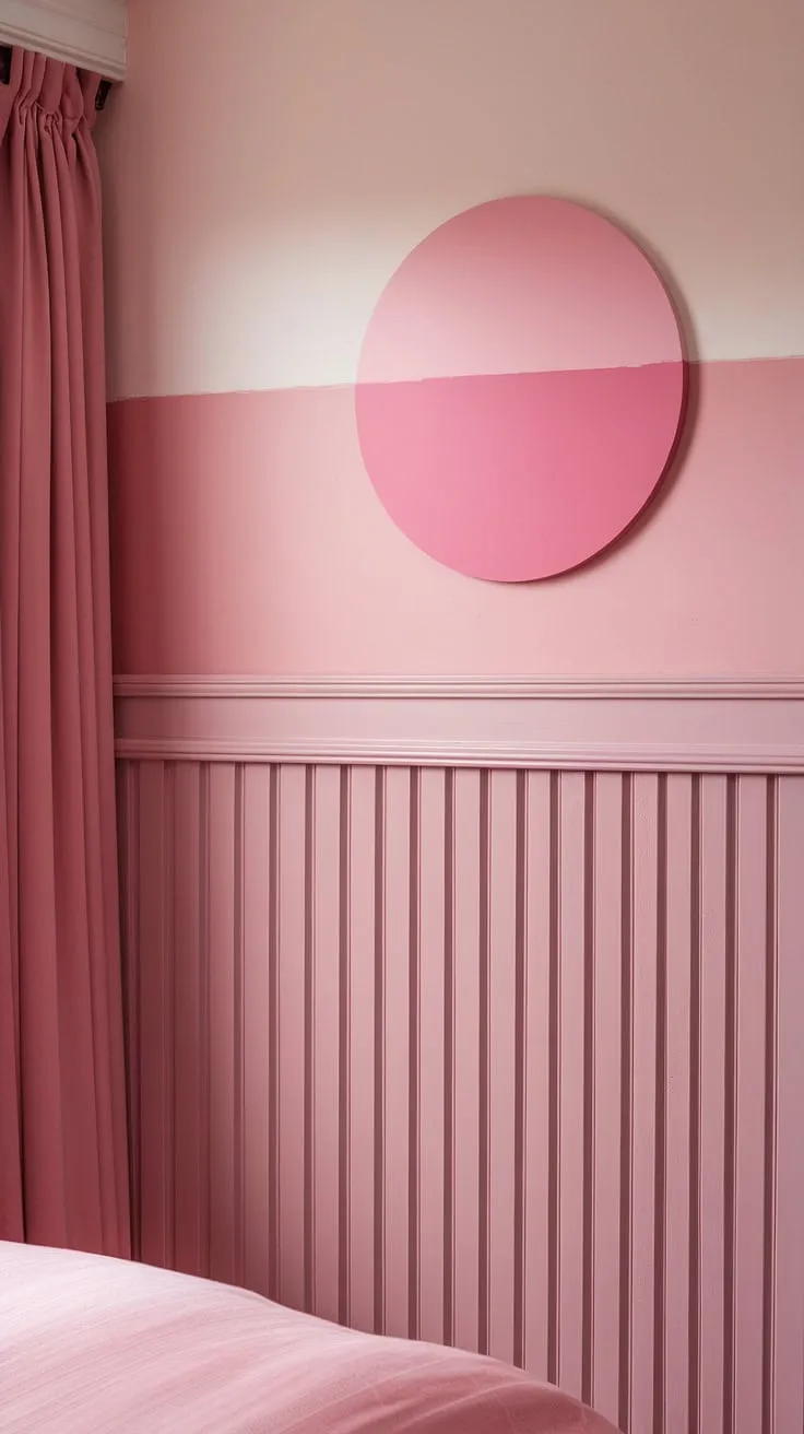 This pastel pink wall color is pure magic!  From the light pink wall paint with its delicate ombre to the stunning pink wainscoting and the show-stopping "In the Pink" Sherwin-Williams accent wall, this room is a masterclass in pink room painting ideas.  The light pink room decor completes the look, offering a perfect example of girly room painting ideas.
